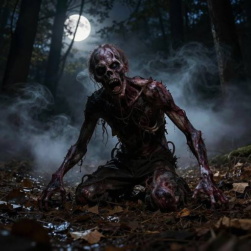 Zombie Emerging from Misty Forest Floor