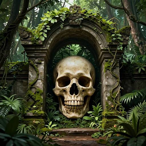 Digital artwork of a massive, yellowed skull centered in an ancient, moss-covered stone archway, surrounded by dense, lush jungle foliage.