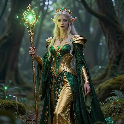 Majestic Elf Sorceress in Enchanted Forest