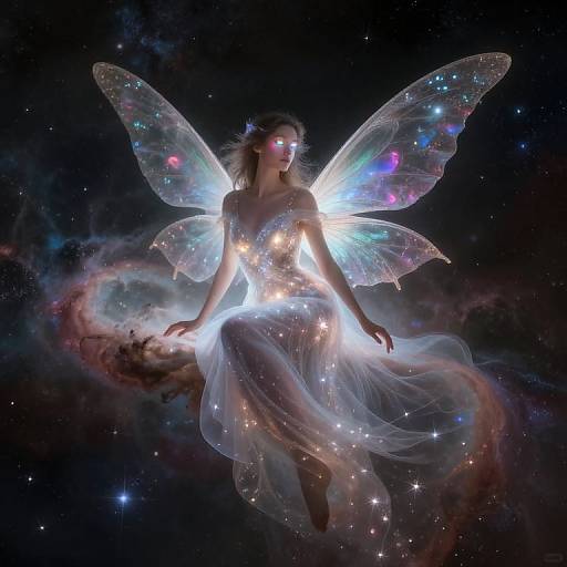 Photograph of a glowing fairy with iridescent wings, wearing a starry, ethereal gown, floating in a cosmic, star-filled background.