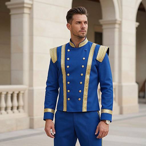 Photograph of a handsome man with short brown hair, trimmed beard, wearing a blue military-style uniform with gold embroidery, standing in front of a classical