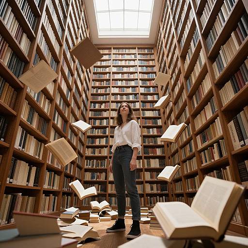 Photograph of a young woman in a white shirt and dark pants, standing amidst a library with flying books, surrounded by tall wooden bookshelves under