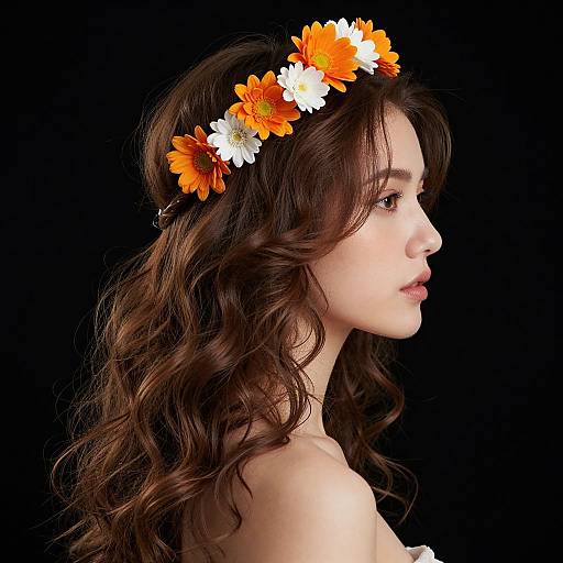 Photograph of a young woman with long, wavy brown hair, wearing a flower crown of orange and white daisies, profile view, against