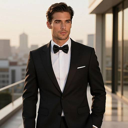 Photograph of a handsome, light-skinned man with dark, wavy hair, wearing a black tuxedo with a white shirt and black bow
