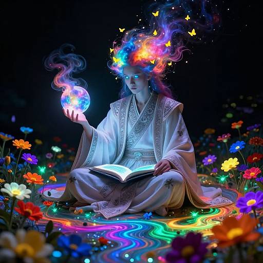 Digital artwork: Enchanted woman in white kimono, sitting cross-legged, holding glowing orb, surrounded by colorful flowers and butterflies, reading illuminated book