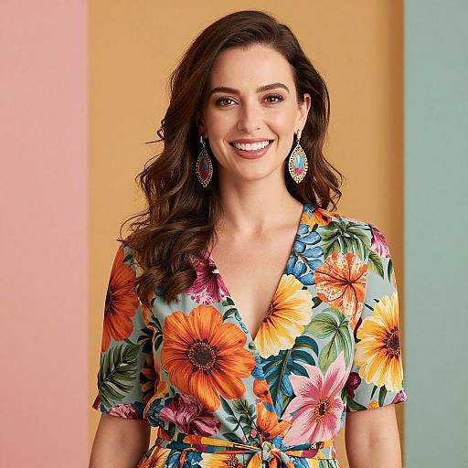 Photograph of a smiling woman with wavy brown hair, wearing a vibrant floral dress with orange and yellow sunflowers, and blue-green earrings, set