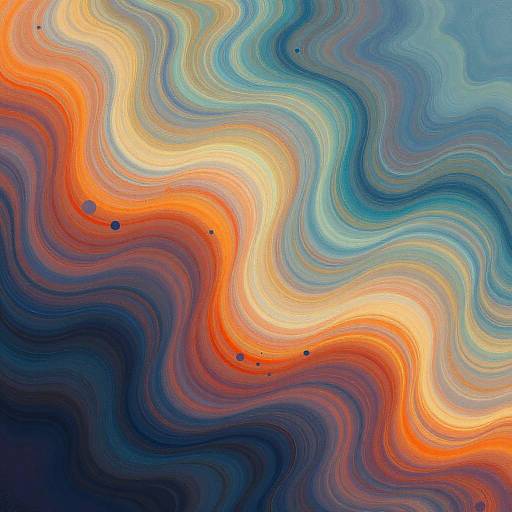 Abstract digital artwork featuring swirling, wavy patterns in vibrant colors of orange, blue, yellow, and green, with small black dots dispersed throughout the image