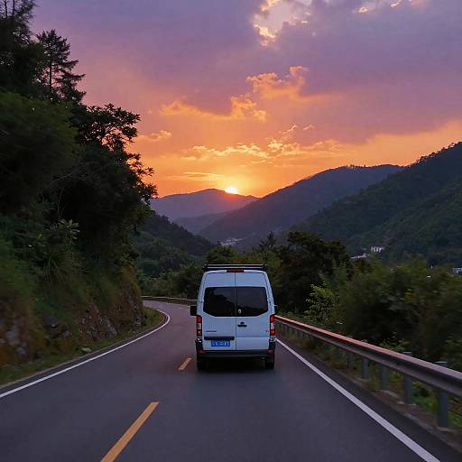 Van Driving on Mountain Road at Sunset