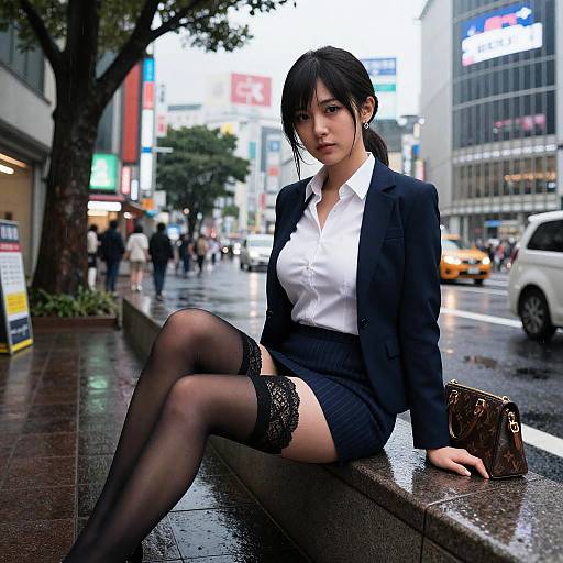 Photograph of an Asian woman in a black blazer, white shirt, and black skirt with lace-topped stockings, sitting on a wet city sidewalk
