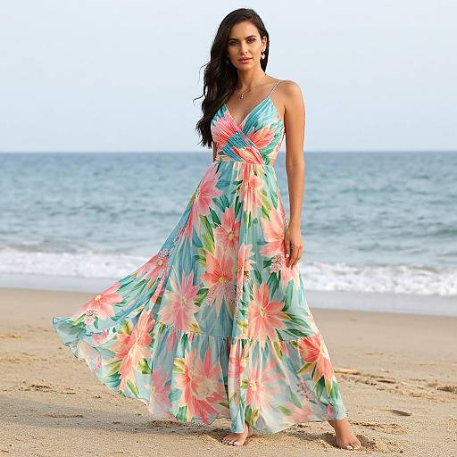 Photograph of a woman with long dark hair wearing a flowing, turquoise sundress with pink and green floral patterns, standing on a sandy beach with the