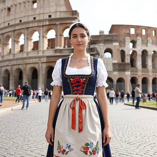 Young woman in traditional Bavarian dirndl with white blouse, black bodice, red laces, and floral apron, stands in front of ancient