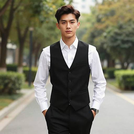 Young man in black vest and white shirt outdoors