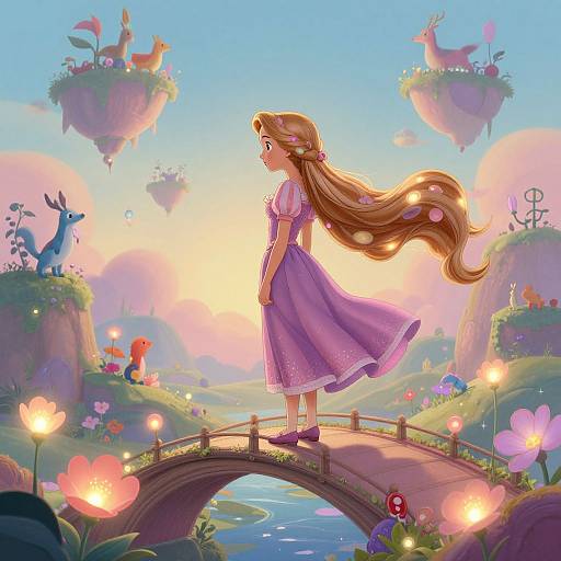 Digital art of a girl with long brown hair in a purple dress standing on a bridge, surrounded by floating islands, deer, and vibrant flowers in a