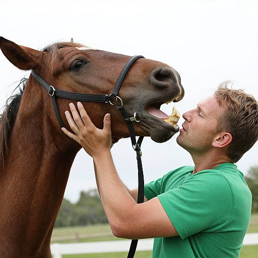 Photograph of a man in a green shirt feeding a brown horse with an open mouth from a small piece of hay.