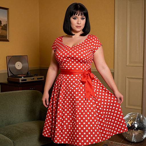 Photograph of a curvy woman with black bob haircut, wearing a red polka dot dress with red belt, standing in a yellow-walled room