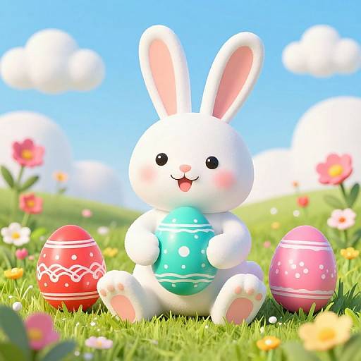 Cute, cartoon-style white bunny holding blue Easter egg, with pink and red decorated eggs, in sunny grassy field with flowers.