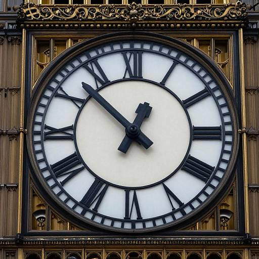 Photograph of an ornate, black-framed clock with white face and black Roman numerals, set against an elaborately detailed golden facade.