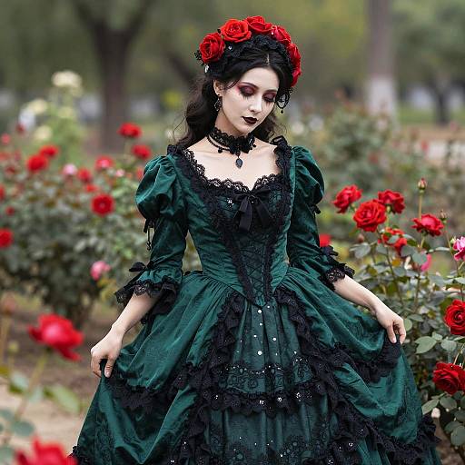 Woman in Victorian Gothic Dress with Red Roses