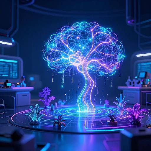 Neon-lit digital artwork of a glowing, blue and purple tree with luminescent branches and droplets, surrounded by illuminated plants in a futuristic