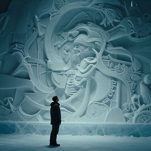 Photograph of a person in silhouette standing before a massive, intricate ice sculpture of a swirling dragon, illuminated in blue light.