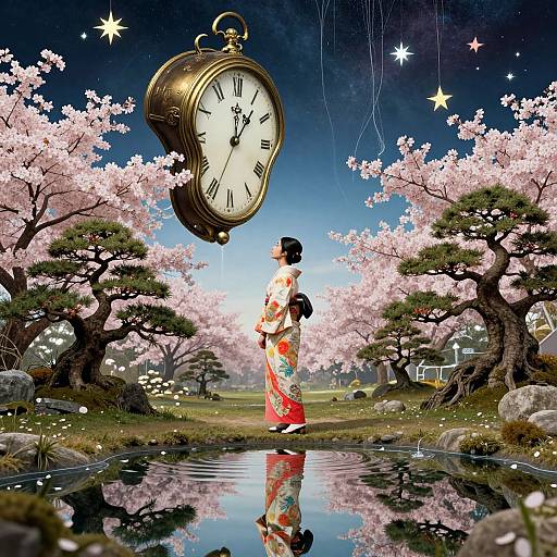 Digital art: Japanese woman in kimono, standing in pond, surrounded by pink cherry blossoms, looking up at floating antique clock, night sky with