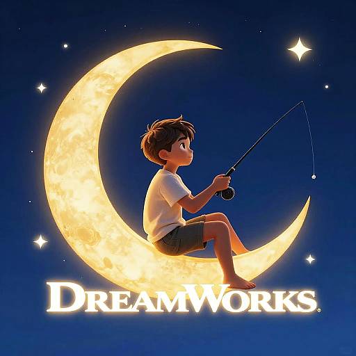 Digital artwork: Young boy with short brown hair, white shirt, and black shorts, sits on glowing yellow crescent moon, fishing against a dark blue