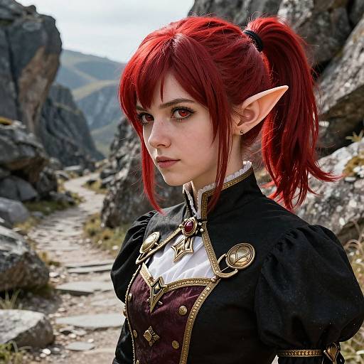 CGI fantasy portrait of a pale-skinned, red-haired elf with pointed ears, wearing a black and gold-trimmed medieval-style outfit, standing