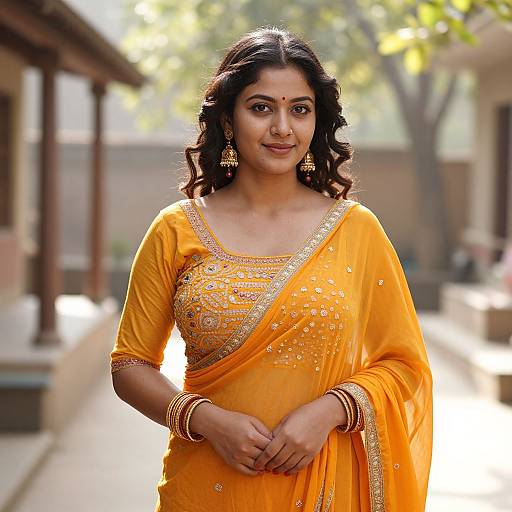 Photograph of a beautiful Indian woman in an orange saree with gold embroidery, wearing gold jewelry, standing outdoors in sunlight.
