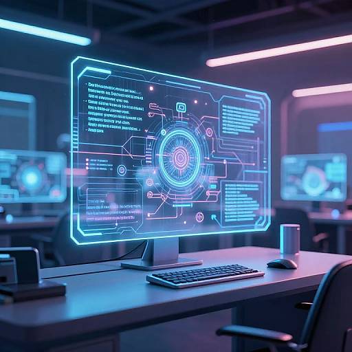 Photograph of a futuristic, glowing blue interface on a computer monitor in a dimly lit, modern workspace with neon lighting.