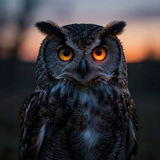 Photograph of a striking barn owl with intense yellow eyes and detailed brown and white feathers, set against a blurred sunset background.