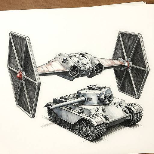 Detailed digital drawing of a futuristic tank with large, black, triangular wings and red accents, positioned above a classic, black-and-white tank.
