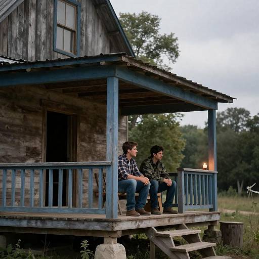 Rustic Wooden Cabin Porch at Dusk