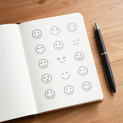 Photograph of an open notebook with black-smile face doodles on white pages, and a black pen with silver clip on a wooden surface.