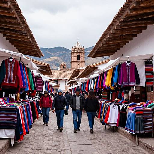 Photograph of a vibrant market street with colorful woven shirts hanging on both sides, crowded with people walking towards a historic, tiled-roof church and bell