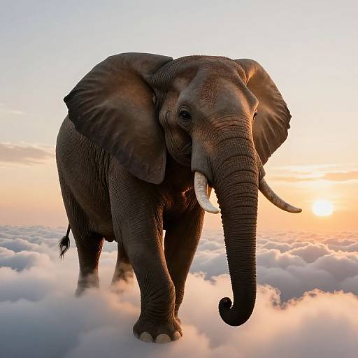 Photograph of a majestic, large African elephant standing on fluffy, pink-tinged clouds at sunset, with warm orange and yellow sky in the background