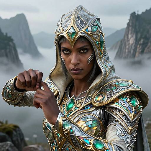 Digital art of a fierce, dark-skinned warrior with piercing eyes, wearing ornate, teal-embellished armor and hood, standing in mist
