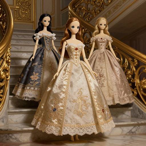 Photorealistic CGI of three fashion dolls in ornate, Victorian-style gowns with intricate embroidery, standing on a grand, gold-accented staircase