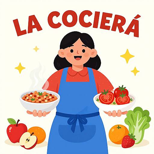 Digital illustration of a smiling woman with black hair, wearing a blue apron over a red shirt, holding a bowl of salad and strawberries, surrounded by