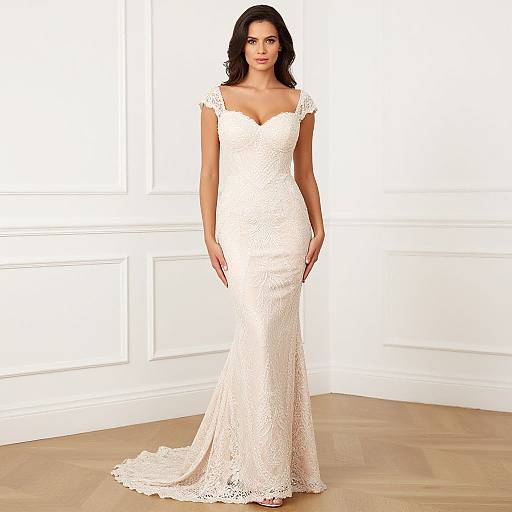 Photograph of a dark-haired woman in a white, lace, off-shoulder wedding dress, standing in a white-paneled room.