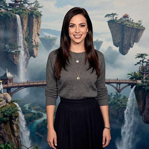 Photograph of a smiling woman with long dark hair, wearing a gray sweater, black skirt, necklace, standing in front of a digital fantasy landscape with