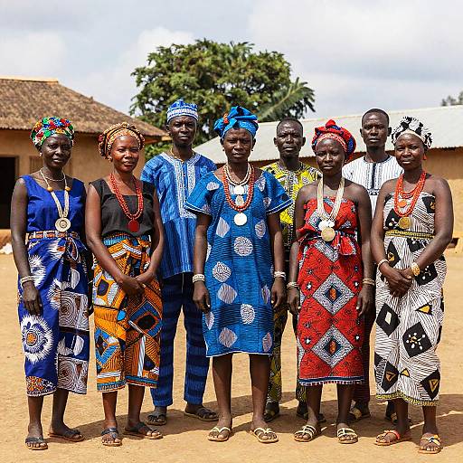 Photograph of seven African women in colorful, patterned dresses and headwraps, standing outdoors in front of a thatched-roof building.