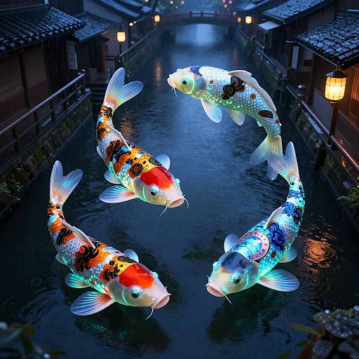 Bioluminescent Clockwork Koi at Midnight