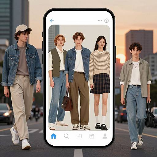Photograph of three young men in casual denim outfits, flanking a smartphone screen showing a similar group in urban sunset background.