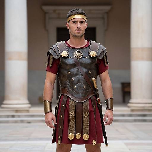 Photograph of a muscular, Caucasian man in ancient Roman gladiator armor with gold accents, maroon tunic, and gold headband, standing in