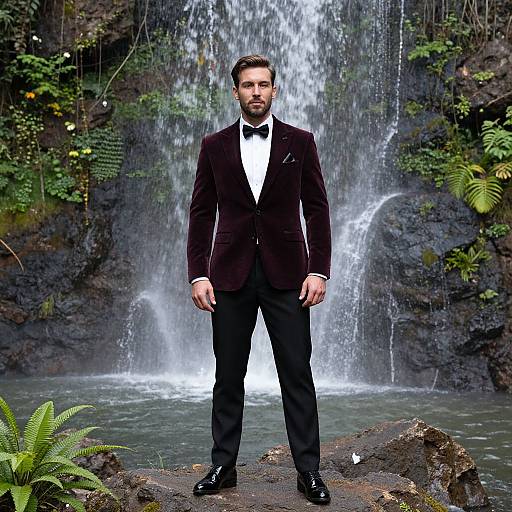 Handsome Man by Waterfall in Velvet Blazer