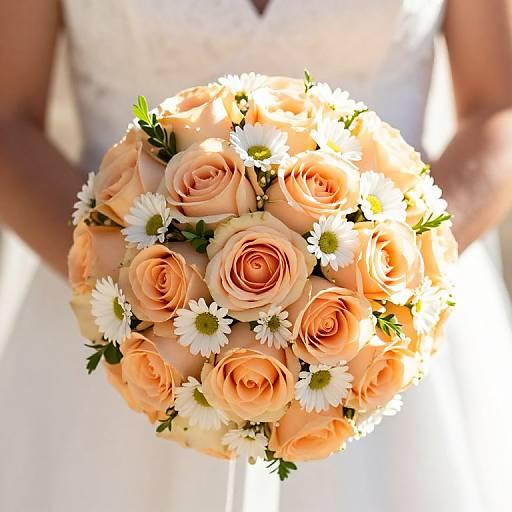 Photograph of a bride holding a round bouquet of peach roses and white daisies, wearing a white lace dress.
