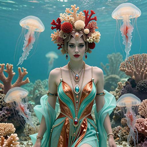 Photorealistic digital art of a fair-skinned woman with red coral and flower headdress, wearing an ornate turquoise and gold dress, surrounded by