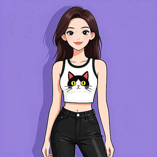 Digital anime-style drawing of a smiling young woman with long brown hair, wearing a white cat crop top and black jeans, against a purple background.