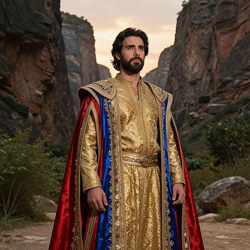 Photograph of a bearded man with dark hair, wearing an ornate golden robe and red-blue cape, standing in a rocky canyon at sunset.