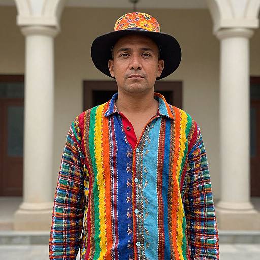 Man in Colorful Outfit by Building
